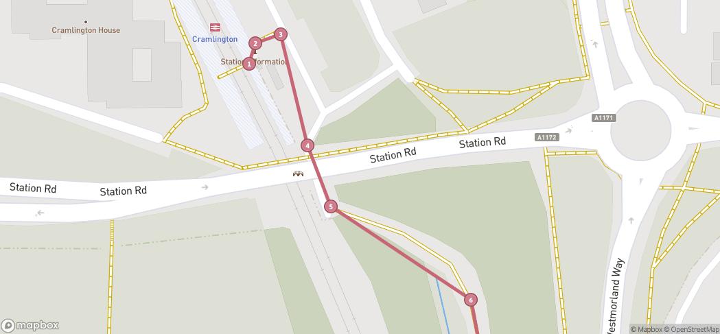 Map preview for Cramlington Station to the Hospital