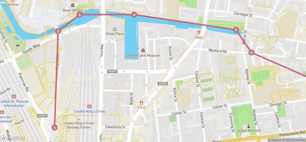 Map preview for Kings Cross to Canary Wharf Canal